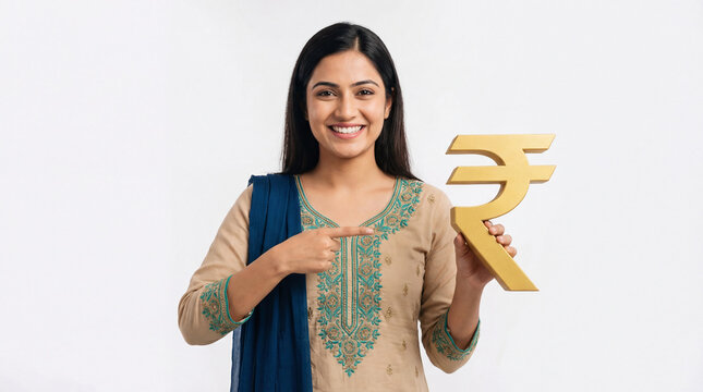 young indian woman holding indian rupee sign