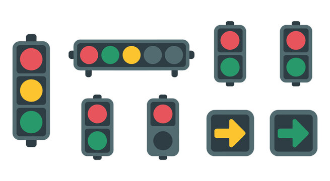 Traffic signal icons, red yellow green lights and arrows vector illustration