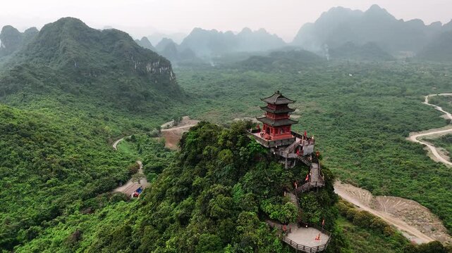 Aerial view of Tam Chuc Pagoda on a lush green hill in ninh binh province of vietnam