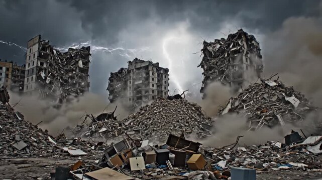 A chaotic scene depicts a ruined urban landscape with debris and dust under dark stormy clouds