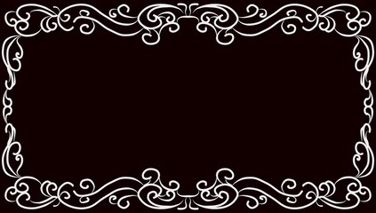 Elegant white floral swirl frame on dark background, vintage filigree border illustration.