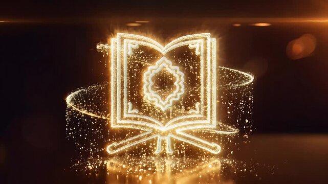 Golden Quran Logo with Sparkling Light Particles Background