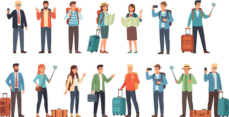Diverse group of happy travelers with luggage, maps, and phones on a white background.