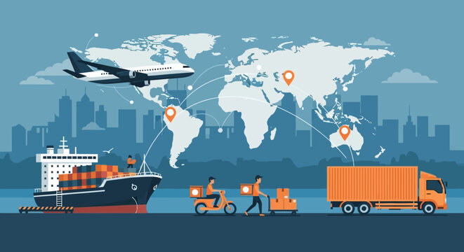 Flat lay illustration of various transportation modes and a global map with a cityscape background