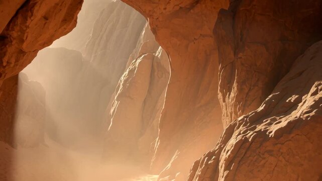 Sunlight streaming through natural rock arch formations in a desert canyon.