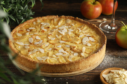 French Normandy apple cake, freshly baked on the table
