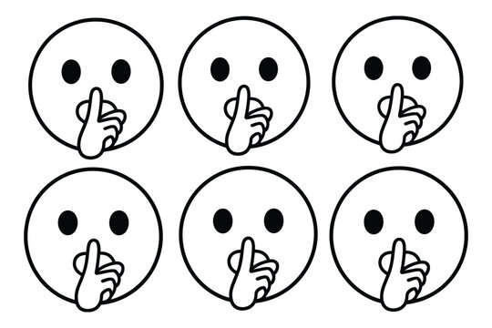 Quiet face icon, finger on lips silence gesture emoji symbol vector illustration, secret shush expression for privacy communication, line art design isolated on white background.