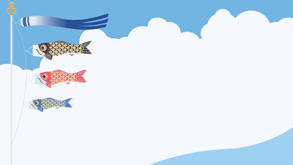 Obraz premium 青空を泳ぐ鯉のぼりの背景イラスト 端午の節句・こどもの日 横長ベクター（16:9）