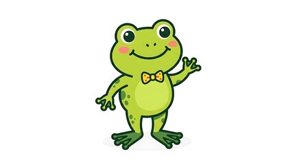 Fototapeta premium Cartoon Green Frog with Bowtie Waving Hand.