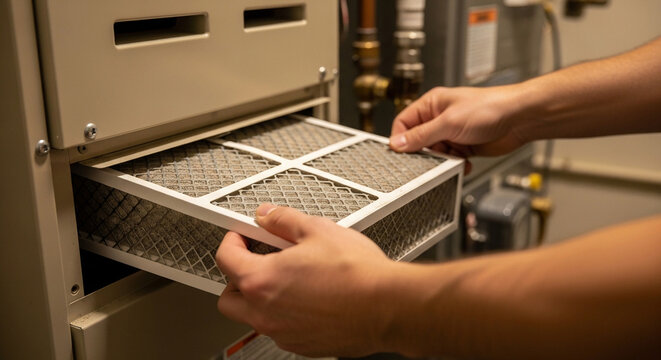 Hands changing air filter in home furnace