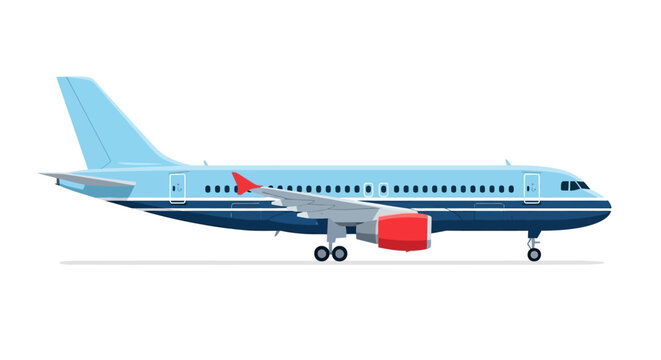 Illustration of a light blue commercial airplane with red engine on a white background.