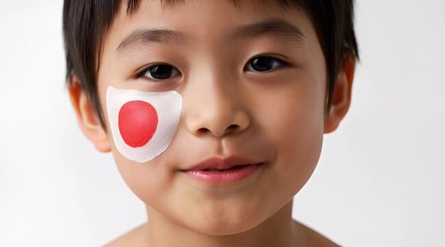 Happy young Japanese boy smiling broadly with a national flag bandage on cheek footage