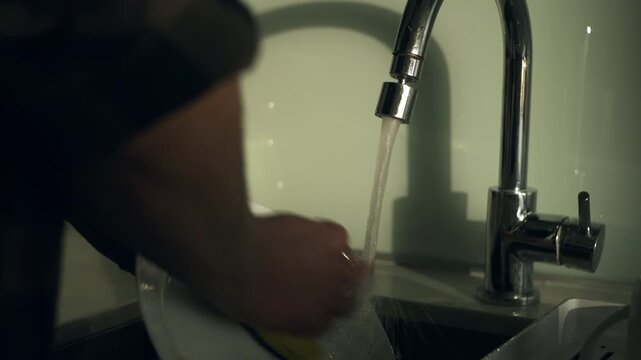 Person washing a dirty white plate in a sink.