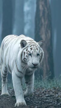 Majestic white tiger walking through a misty forest landscape.