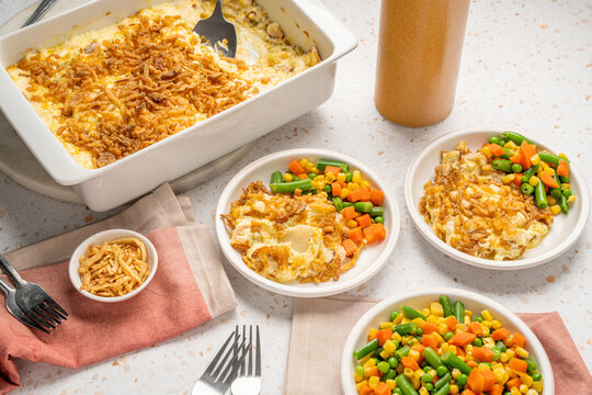 Creamy chicken casserole with frozen veggies. Easy dinner recipe