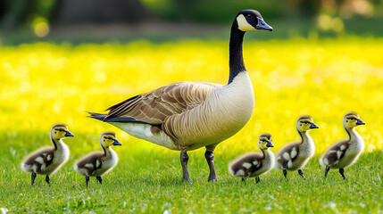 Fototapeta premium A Canada goose leads her goslings across a grassy field, exemplifying family bonds in the wild
