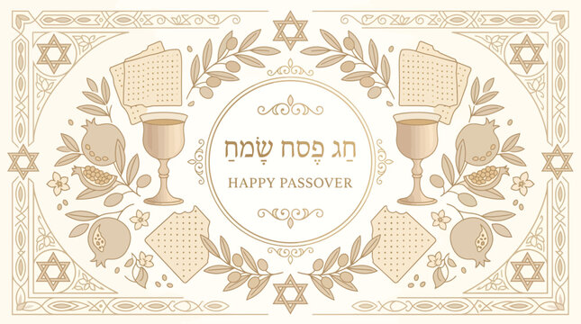 Elegant Passover celebration banner adorned with traditional Jewish holiday symbols, including matzah, wine cups, and ornate details, conveying festive greetings