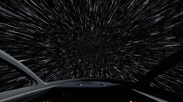 View from the cockpit during hyperspace travel with shooting stars