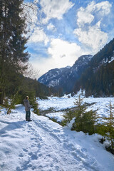 Beautiful winter hike in the Hollersbach Valley, in the Salzburg region near Bramberg, Austria.