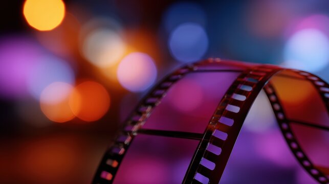 Pellicule de cin&eacute;ma ondulante sur fond de lumi&egrave;res color&eacute;es floues