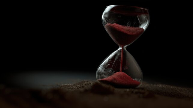 Sablier en verre avec sable rouge s'&eacute;coulant sur fond noir dramatique