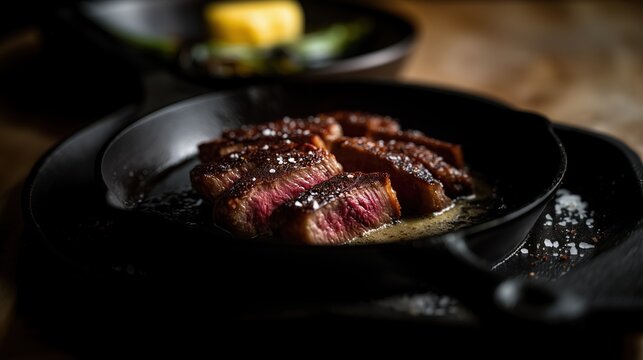 Steak de b&Aring;&ldquo;uf saignant tranch&eacute; dans une po&ecirc;le en fonte noire
