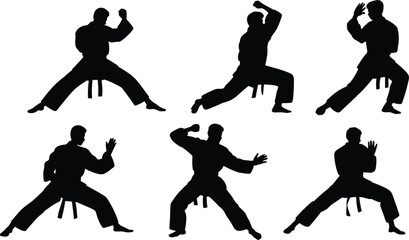 karate fighter silhouette set, martial arts combat poses collection, black training stances icons, sport athlete action, isolated vector illustration © lokman