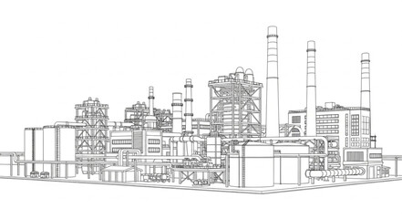 Fototapeta premium Industrial Factory Complex Line Drawing.