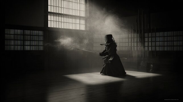 kendo. A practitioner in a still pose inside an empty dojo with sunlight. gardening catalogs, home-decor guides, designed for gardening and botanical catalogs, celebrates nature.