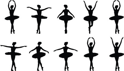Ballet dancer silhouettes collection, graceful ballerina poses classical dance performance tutu elegant female ballet vector illustration set © lokman