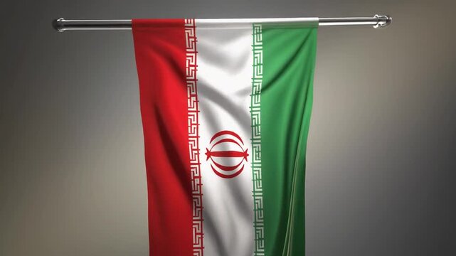 Iranian flag waving against a dark gradient background, symbolizing national pride and patriotism