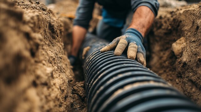 Worker installing corrugated pipe in trench for drainage solution and trench drain control, showing pipe, soil, glove, and hand managing pipe placement.