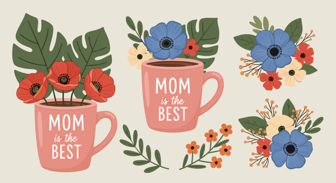 A charming collection of floral designs featuring mugs with the text 'Mom is the Best', in a modern illustration style