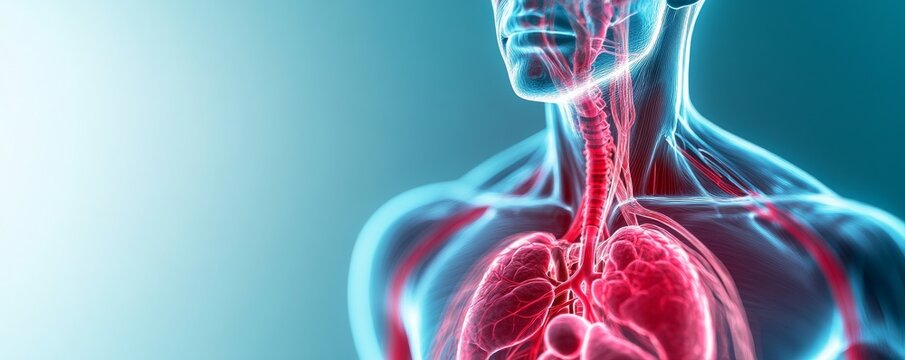 3D human torso, glowing blue transparent skin reveals vibrant red lungs, trachea and blood vessels. Medical visualization for respiratory and circulatory health. ,Anatomy ,Diagnostics