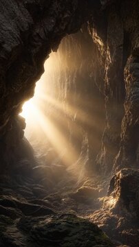 Sunlight streaming through the entrance of a dark natural cave with rocky interior.