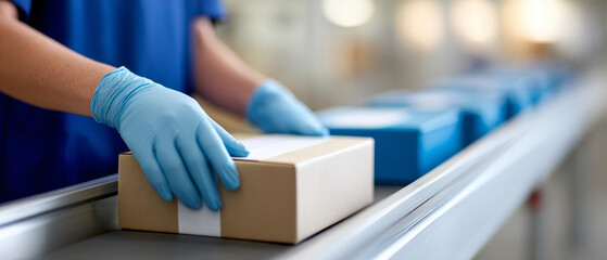 Worker handling packages on conveyor belt