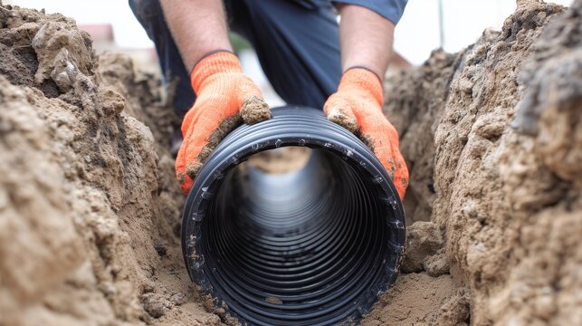 Worker inserting corrugated pipe into trench for drainage solution and pipe management, conveys trench drain control and stormwater routing.