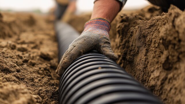 Worker installing corrugated drainage pipe in trench for trench drain control and pipe management to channel water and prevent erosion.