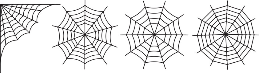 Fototapeta premium Four black spiderweb illustrations on a white background