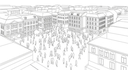 Sketch of a bustling city square with many people. © Putra