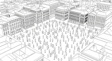 Aerial view sketch of a crowded city square with buildings. © Putra