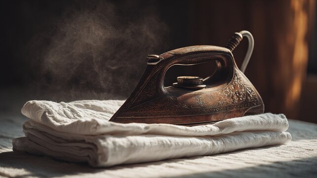 bergere. A vintage iron on a folded white shirt with rising steam in warm nostalgic light. lifestyle magazines, social media lookbooks, designed for influencer and brand collaborations.