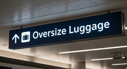Illuminated sign displays "Oversize Luggage" with arrow and suitcase icon, directional information, guiding travelers through transport terminal
