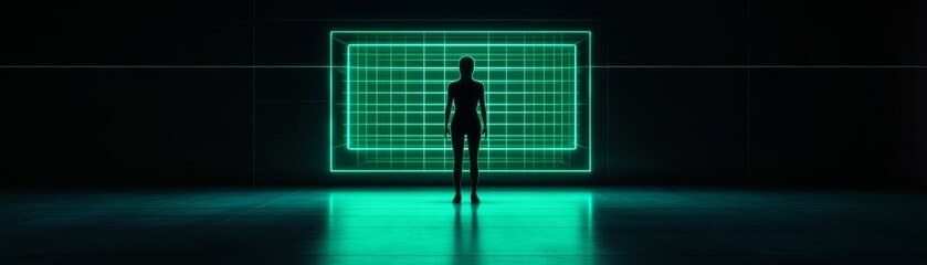 Centred AI silhouette on reflective floor, facing glowing green neon grid portal in dark, futuristic chamber. Exploring virtual reality and digital identity. Cyber, Sci-Fi. Metaverse