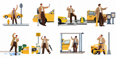 A collection of illustrations showing a businessman in a trench coat hailing, waiting for, and boarding yellow taxis in various urban settings. © Nadya
