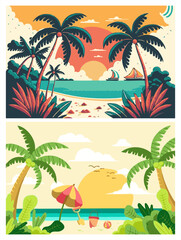 Obraz premium Set of tropical beach landscapes with palm trees, sunset, and ocean, flat vector illustration of summer vacation paradise isolated on white background.