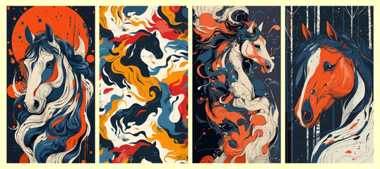 Set of abstract horse head illustrations with flowing mane, artistic animal portraits in bold colors, vertical banners for modern wall art and interior decor. © hadi
