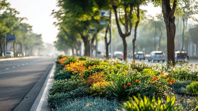 median. Urban boulevard with a lush green median strip planted with shrubs and flowers. gardening catalogs, home-decor guides, designed for gardening and botanical catalogs, used by teachers.