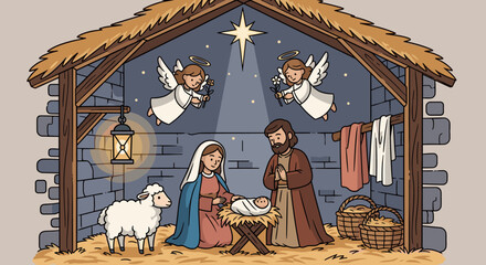 Naklejka premium A colorful nativity scene featuring Mary, Joseph, and baby Jesus in a stable, illustrated in a modern flat style