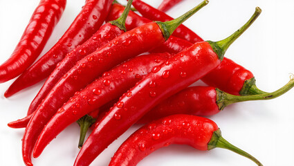 Fresh Red Chili Peppers with Water Drops Isolated on White